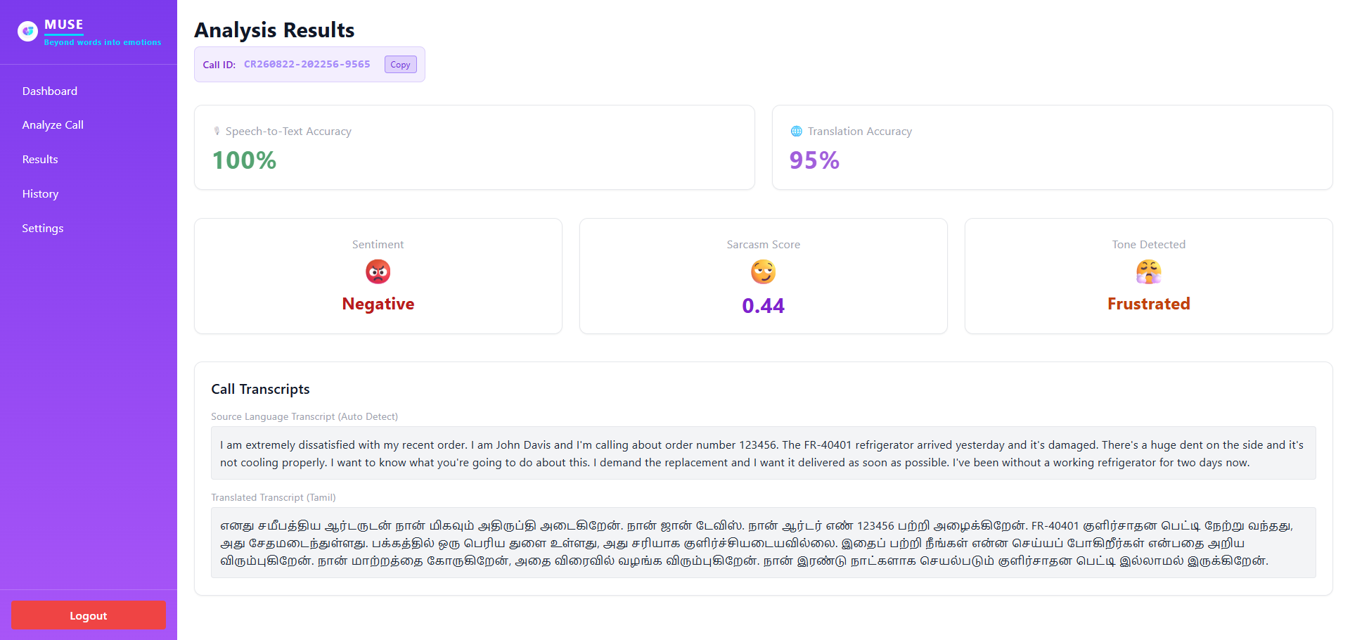 MUSE analysis results — sentiment, sarcasm score, tone, and Tamil translation